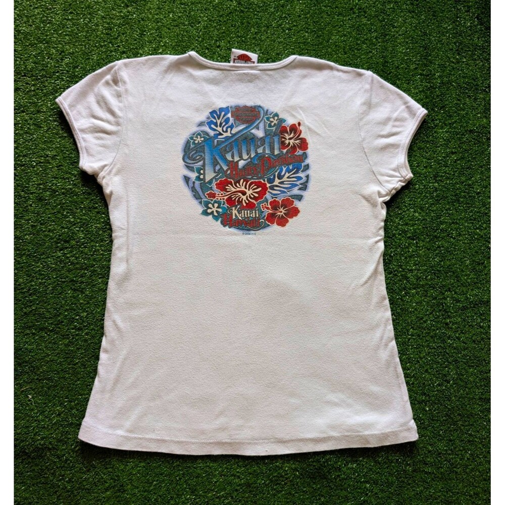 Harley Davidson Y2K White V-Neck Kauai Hawaii Motorcycle Graphic Shirt M 2005